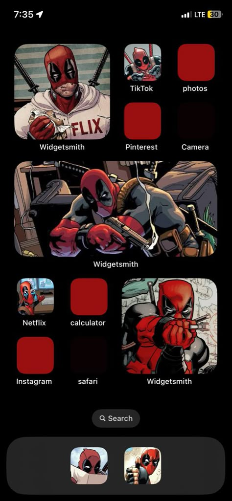 Side Widget Ideas, Deadpool Homescreen, Deadpool Phone Theme, Marvel Phone Theme, Iphone Setup Homescreen Ideas, Deadpool Wallpaper Iphone, Iphone Layouts, Marvel Girl, Ios Themes