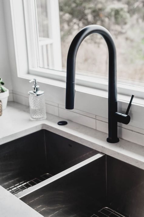 Matte black kitchen faucet with matching garbage disposal switch Hot Water Dispenser On Sink, Garbage Disposal Switch, Black Faucets, Olive Green Kitchen, Faucets Ideas, Reno Kitchen, Kitchen Layout Ideas, Matte Black Kitchen, Black Kitchen Faucet