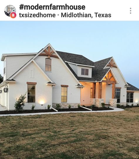 Brick Homes Exterior Colors Modern, Stone On Bottom Of House Exterior, White And Brown Exterior House, White Craftsman Exterior, Tan Brick House, White House With Stone, Temple Exterior, Brick Farmhouse Exterior, Compound House