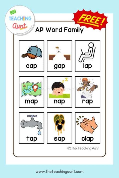 AP Word Family List - The Teaching Aunt Ap Family Words, Ap Family Words Worksheet, Ap Family Words Activities, Ap Words, Ap Word Family Worksheets, Ab Family Words Worksheets, Teaching Kindergarten Writing, Writing Cvc Words Worksheets, Am Word Family Worksheet