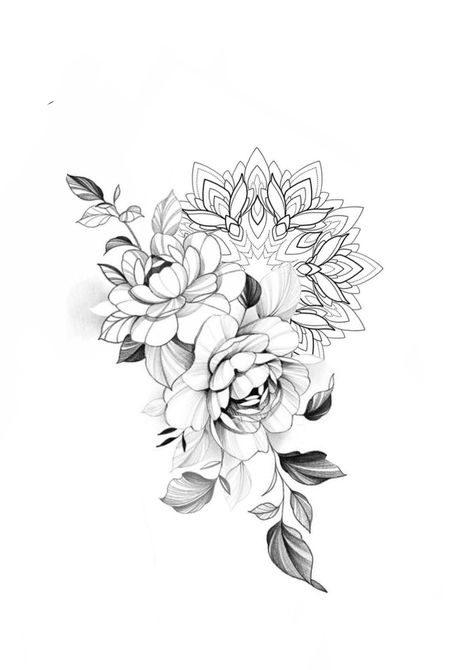 Floral Mandala Half Sleeve Tattoo, Mandala Peony Tattoo Design, Peony Mandala Tattoo Sleeve, Half Flower Half Mandala Tattoo, Peonies And Mandala Tattoo Design, Tattoo Designs Skull, Tattoo Designs Japanese, Tattoo Designs Black And White, Tattoo Designs Floral