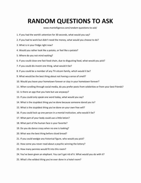 99 Random Questions to Ask - Fun and unexpected questions. Random Questions To Ask, Questions To Ask People, Deep Conversation Topics, Conversation Starter Questions, Questions To Get To Know Someone, Random Questions, Conversation Questions, Deep Questions To Ask, Questions To Ask Your Boyfriend