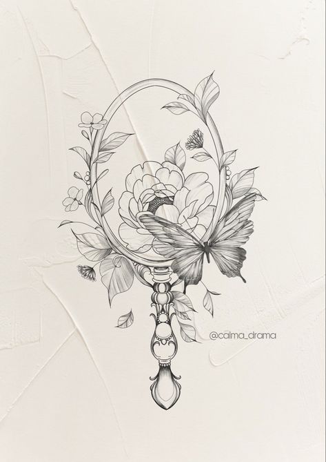 Mirror Flower Tattoo, Mirror With Flowers Tattoo, Victorian Floral Tattoo, Frame With Flowers Tattoo, Hand Holding Mirror Tattoo, Vintage Mirror Tattoo Design, Vintage Hand Mirror Tattoo, Vintage Mirror Drawing, Floral Frame Tattoo