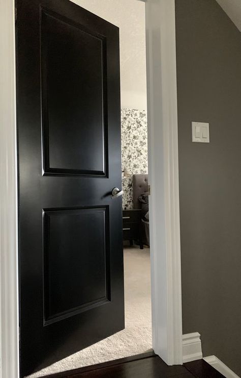 I SEE A WHITE DOOR & I WANT TO PAINT IT BLACK ~ PAINTING INTERIOR DOORS Paint Doors Black Interior, Homes With Black Interior Doors, Black Doors In Hallway, Black Doors And Trim Interior, Painted Interior Doors Ideas, Black Doors With White Trim, Interior Black Doors, Dark Interior Doors, Paint Interior Doors