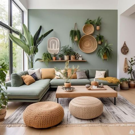 Cozy Neutral Living Room, Living Room Design Boho, Green Living Room Decor, Earthy Living Room, Fall Living Room Decor, Boho Living Room Decor, Living Room Design Inspiration, Deco Salon, Living Room Green