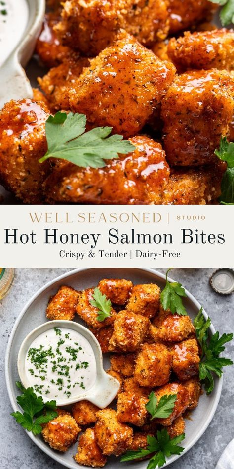 Air Fryer Salmon Bites are crispy on the outside and tender on the inside. We pair them with a quick-and-easy hot honey sauce that is sweet, spicy, and so delicious! Ready in just 30 minutes, this salmon recipe is versatile enough for rice bowls, salads, or an appetizer. #wellseasonedstudio #airfryersalmon #salmonbites #hothoney #hothoneysalmon Pinch Of Yum Air Fryer Salmon, Crunchy Salmon Bites, Air Fryer Salmon Bites With Hot Honey, Air Fryer Fish Bites, Breaded Salmon Bites, Must Have Recipes, Crispy Salmon Bites Air Fryer, Salmon Bites Recipe Stove Top, Airfry Salmon Recipes