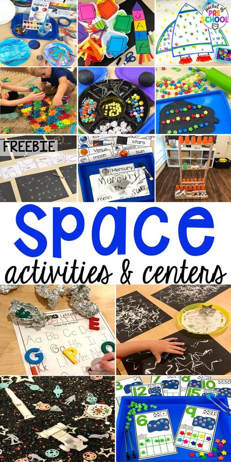 Space activities for a space theme and center ideas for preschool, pre-k, and kindergarten to blast off their learning potential (math, literacy, sensory, fine motor, STEM, blocks, art, and MORE) Space Activities Preschool, Astronaut Activities, Space Lesson Plans, Outer Space Activities, Outer Space Crafts, Space Theme Preschool, Pocket Of Preschool, Space Activities For Kids, Space Lessons