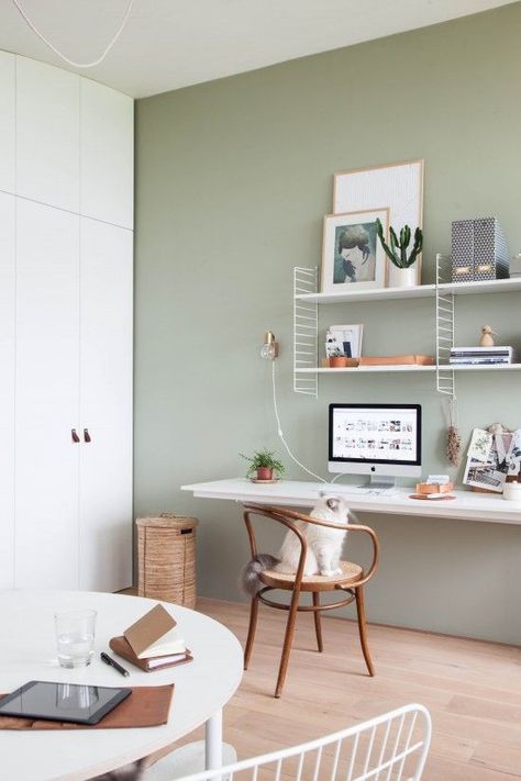 | Creative Workspace | Beautiful Home Office | Office Design |    #inspiration #creativeworkspace #officedecor Green Home Offices, Light Green Walls, Cottage Interior Design, Cozy Home Office, Cottage Interior, Dekorasi Kamar Tidur, Green Home Decor, Living Room Green, Green Rooms