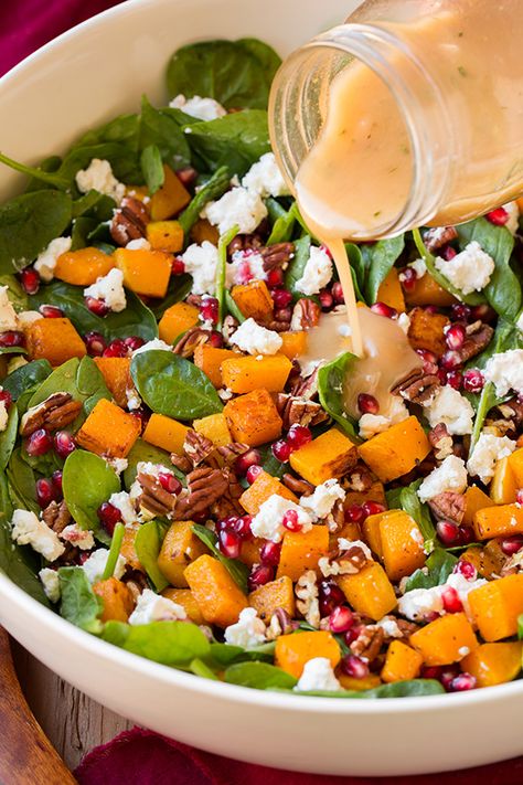 Butternut Squash Pomegranate, Butternut Squash Spinach, Salads For A Crowd, Butternut Squash Salad, Cheese Spinach, Red Wine Vinaigrette, Squash Salad, Green Veggies, Autumn Salad