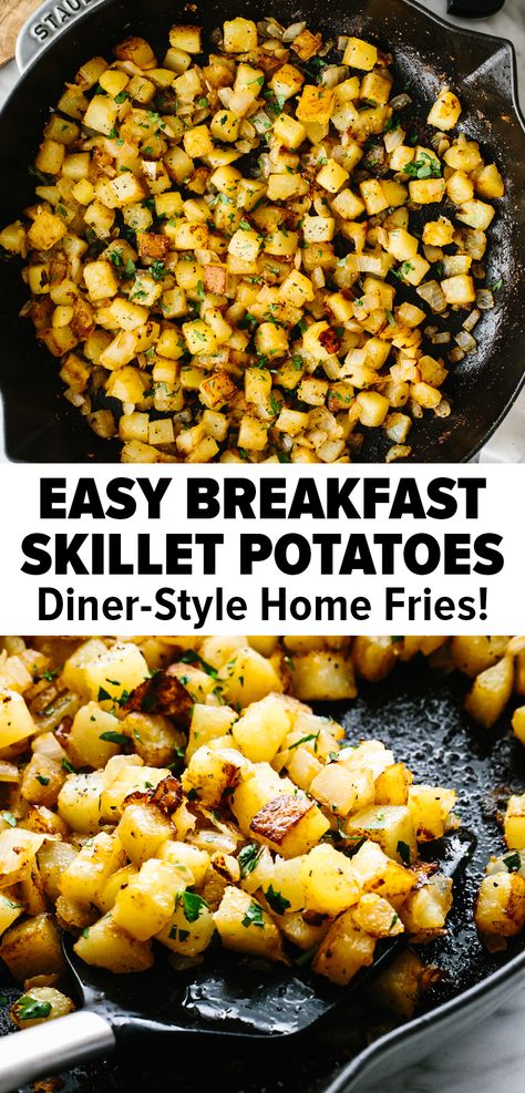 This skillet breakfast potatoes is the perfect side dish to round out a breakfast idea or even dinner. Potatoes are perfectly seasoned and become crisp in a skillet for a classic diner style home fries. #potatorecipe #breakfastrecipe #skilletpotatoes #homefries #potatoseasoning Sliced Breakfast Potatoes Skillet, Airfry Breakfast Potatoes Recipes, Breakfast Skillets Easy, Potatoes For Breakfast Mornings, Brunch Potatoes Recipes, Home Style Breakfast, Stove Top Breakfast Potatoes, Potato Egg Breakfast Skillet, Cast Iron Breakfast Potatoes