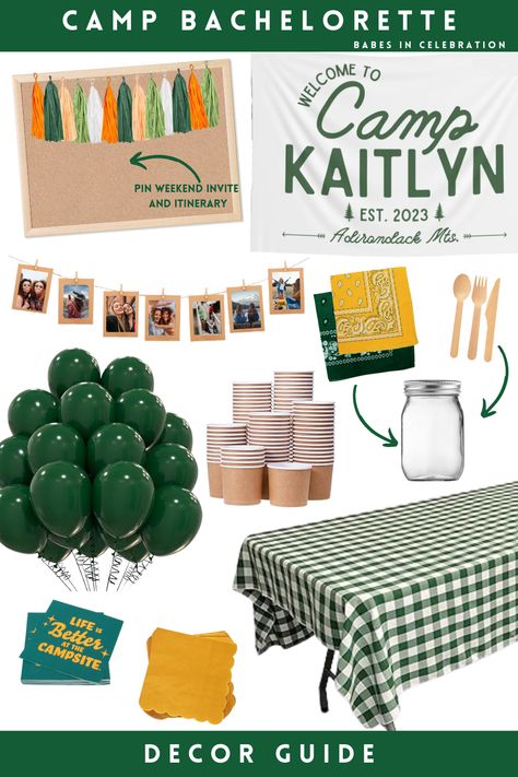 Camp Bachelorette is the perfect late summer or fall bachelorette party theme idea. We love the idea of a mountain or lake house complete with bachelorette camp games and bunk assignments. Check out Camp Bachelorette decoration guide for all your bachelorette weekend needs! Bunk Assignments Wedding, Camp Party Activities, Camp Bachelorette Backdrop, Camping Bachelorette Party Decorations, Outdoor Theme Bachelorette Party, Bunk Assignments Bachelorette, Champs And Camp Bachelorette, Cabin Bachelorette Party Decorations, Mountain Bachelorette Party Ideas