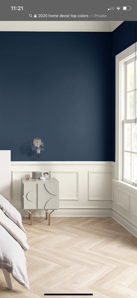 Navy Blue And White Wainscoting Bedroom, Navy Half Wall Panelling, White Panelling Blue Walls, Blue And White Panelling Bedroom, Blue Half Wall Paneling, Panneling Rooms Bedroom Blue, Navy Blue Wall Paneling, Navy Panelled Bedroom, White Wainscoting Blue Walls