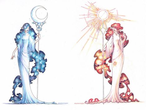 Moon And Sun, Goddess Art, Moon Goddess, Sun And Moon, Cartoon Art Styles, Fantasy Character Design, Character Design Inspiration, Cartoon Art, Character Inspiration