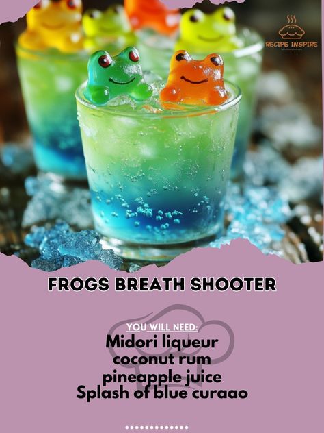 🌟 Dive into the spooky season with our eerie and delicious Frog's Breath Shooter! 🐸🍹 Frog's Breath Shooter Ingredients: - 1 oz Midori liqueur (30 ml) - 1 oz coconut rum (30 ml) - 1 oz pineapple juice (30 ml) - Splash of blue curaçao - Gummy frog candies for garnish Instructions: 1. Fill a cocktail shaker with ice. 2. Add Midori liqueur, coconut rum, and pineapple juice. 3. Shake well until chilled. 4. Strain the mixture into a shot glass. 5. Top with a splash of blue curaçao. 6. Garnish wi... Rum And Pineapple Juice, Frogs Breath, Midori Drinks, Cocktail Drinks Alcoholic, Travel Bar, Yummy Alcoholic Drinks, Happy Hour Cocktails, Daily Recipes, Shot Recipes