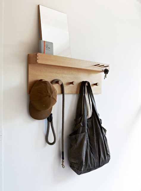 // Home of Simone and Rhys Haag published in Elle Decoration styling Heather Nette King. Photo: Armelle Habib Melbourne House, Hallway Storage, Wall Hooks, Coat Rack, Floating Shelves, Storage Solutions, The Wall, Space Saving, Wood Projects