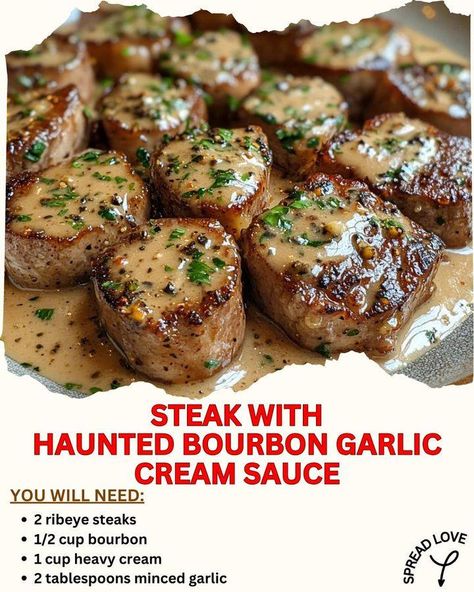 Spooky Good Steak with Bourbon Garlic Cream Sauce 👻🍽️ Elevate your next dinner with this indulgent and flavorful steak topped with a Haunted Bourbon Garlic Cream Sauce! Juicy, tender steaks paired with a creamy, garlicky bourbon sauce—what's not to love? It's the perfect dish to impress your guests or treat yourself on a cozy night in! 🌿🍴 Ingredients: For the Steak: 4 ribeye or sirloin steaks (1 inch thick) Salt & pepper 1 tbsp olive oil 2 tbsp butter For the Sauce: ¼ cup bourbon 4 garlic... Bourbon Cream Sauce, Garlic Cream Sauce Recipe, Steak Toppings, Heavy Cream Recipes, Strip Steaks, Strip Steak Recipe, Recipes Steak, Bourbon Cream, Filet Mignon Recipes