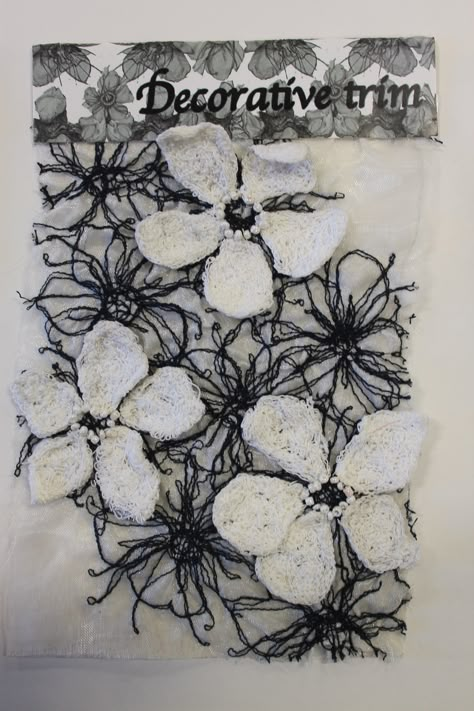 trim collection:sample 3 machine embroidery on voile and chiffon with dissolvable fabric petals Aamina D Dissolvable Fabric, Fabric Petals, Textiles Sketchbook, A Level Textiles, Water Soluble Fabric, Flower Pedals, Art Alevel, Lace Inspiration, Gcse Art Sketchbook