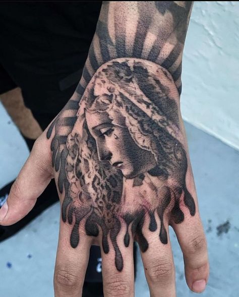 Portrait Hand Tattoo, Angel Hand Tattoo, Self Made Tattoo, Bird Hand Tattoo, Cross Tattoo On Hand, Dripping Effect, Black Men Tattoos, Full Hand Tattoo, Butterfly Hand Tattoo