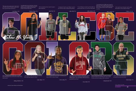 Yearbook Spread 2018, College Colors. (The Creek, Timber Creek High School, Fort Worth, Texas) College Yearbook Design, Hoco Yearbook Spread, Yearbook Portrait Spreads, Yearbook Spreads Ideas, Yearbook Spreads Ideas Layout, Yearbook Collage, Yearbook Memes, Student Life Yearbook, Graphic Design Book Layout