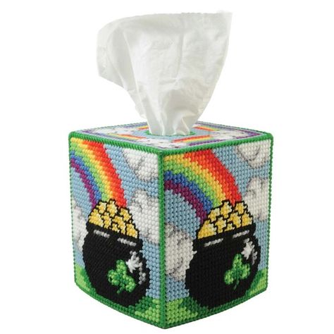 Herrschners Lucky Pot of Gold Tissue Box Plastic Canvas Kit Plastic Canvas Tissue Box Cover, Plastic Canvas Books, Kleenex Box Cover, Diy Jewelry Rings, Plastic Canvas Coasters, Plastic Canvas Stitches, Kleenex Box, Plastic Canvas Tissue Boxes, Plastic Canvas Patterns Free