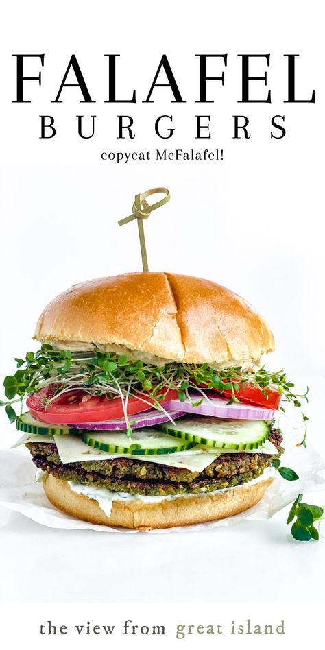 My healthy falafel burger is a crispy veggie burger with tzatziki sauce, cheese, tomatoes, cukes, onions, sprouts, and hummus on a brioche bun. #falafel #middleeastern #fritter #chickpeafritter #chickpeaburger #meatless #mcfalafel Falafel With Canned Chickpeas, Healthy Falafel, Falafel Burger, Fat Burger, Falafel Burgers, Chickpea Fritters, Chickpea Patties, Chickpea Burger, Baked Falafel