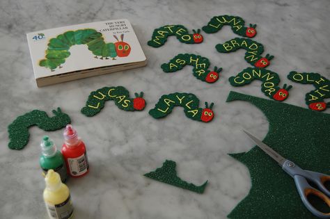 Caterpillar Bulletin Board, Eric Carle Classroom Decor, Eric Carle Classroom Theme, Hungry Caterpillar Classroom, Caterpillar Preschool, Eric Carle Classroom, Cubby Tags, Hungry Caterpillar Activities, Valentine Days