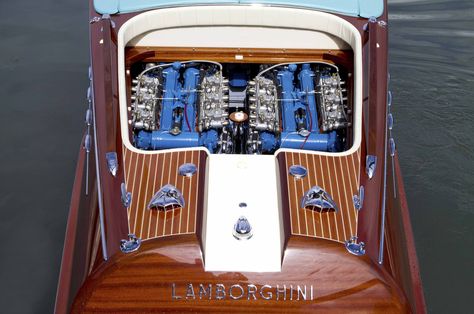 The engine bay of the Riva Aquarama Lamborghini. It is outfitted with two 4.0L V12 engines developing a combined 700HP. [2048x1360] Riva Boot, Riva Aquarama, Wooden Speed Boats, Sports Car Brands, Riva Boat, Sport Yacht, Yacht Builders, Classic Wooden Boats, Fast Boats