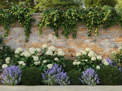 Very Small Front Yard Landscaping, Hydrangea Under Tree, Front Garden Under Window Ideas, English Garden Inspiration, Nantucket Landscaping Ideas, Structured Garden Design, Front Garden Plants, Low Maintenance Cottage Garden, Structured Landscaping