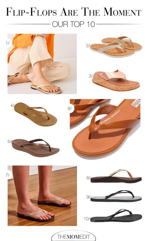 OUR TOP 10 FLIP-FLOPS: THE EASIEST SUMMER SHOES | Flip-flops may be the easiest summer shoes ever — the slip-on/slip-off thing is hard to beat! Here are our top 10 (think: OluKai, Reef, Havaianas & more). | #TheMomEditStyle #FlipFlops #SummerShoes #FlipFlopSandals #ThongSandal #StrappySandals #BestFlipFlops #SummerSandals #FlipFlopArchSupport #WomensFlipFlops #MostComfortableFlipFlops #OluKai #Reef #Havaianas #Tkees #SupportiveFlipFlops Best Flip Flops Woman, Casual Flip Flops, Tkees Flip Flops, Leather Flip Flops Womens, Fitflop Sandals, Best Flip Flops, Reef Sandals, Comfortable Flip Flops, Havaianas Flip Flops