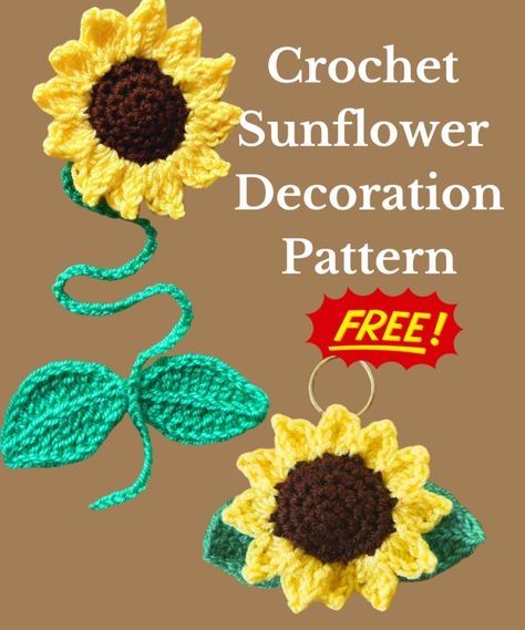 Crochet Pattern For Sunflower, Crochet Sunflower Applique Free Pattern, Sunflower Doily Free Pattern, How To Crochet Sunflowers, Crochet Sunflower Keychain Pattern Free, Mini Crochet Sunflower, Crochet Sunflower Pattern Free, Sunflower Keychain Crochet, Crochet Sunflower Bookmark