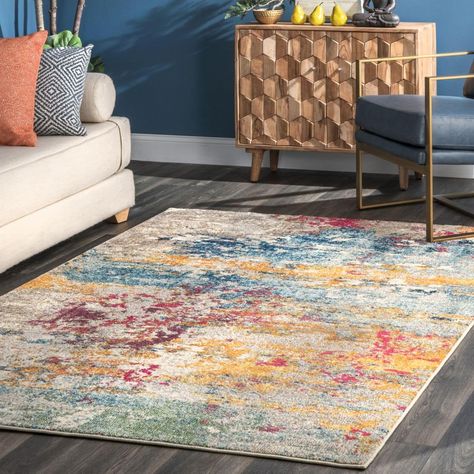 Mid-Century modern is one of those timeless design eras that will never go out of style. The great thing about mid-century modern decor is that it com... | Multi-Colored Abstract Nebula Area Rug #MidCenturyModern #MidCenturyRugs #MidCenturyModernRugs #Rugs #RugDecor #LivingRoom Nuloom Rugs, Mid Century Modern Rug, Abstract Area Rug, Living Room Area, Rugs Usa, Yellow Rug, Modern Area Rugs, Bohemian Decor, Modern Rugs