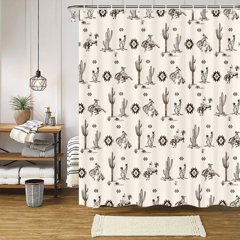 PRICES MAY VARY. Western Cowboy Shower Curtain with Cactus Desert Landscape Design: The shower curtain set brings fresh look to your bathroom which leads to an instant upgrade. Aztec Tribal Navajo Shower Curtain Sets Material: 100% polyester with nice drape and soft touch, durable, waterproof and quick-drying. Farmhouse Bathroom Decor Sets Accessories Size: 70"W x 70"H shower curtain fits most bathtubs and shower stall. Decorative Shower Curtains for Bathroom Easy Care: Machine wash cold, low tu Western Aztec Bathroom, Aztec Bathroom, Horse In Desert, Southwestern Bathroom, Cowboy Bathroom, Cactus Bathroom, Desert Landscape Design, Cowboy On Horse, Cactus Landscape