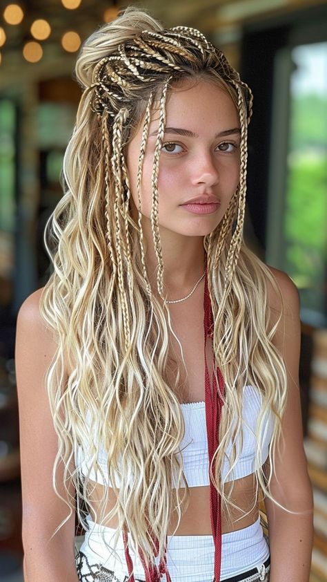 25 Inspirational Mixed Blonde Knotless Braid Styles for 2024 Long Hair Braiding Styles, Micro Braids On White Women, Full Hair Braided Hairstyles, Full Braided Hair, Boho Braided Hair, Tiny Braids Hairstyles, Bohemian Blonde Braids, Full Hair Braids, White Girl Braids Extensions