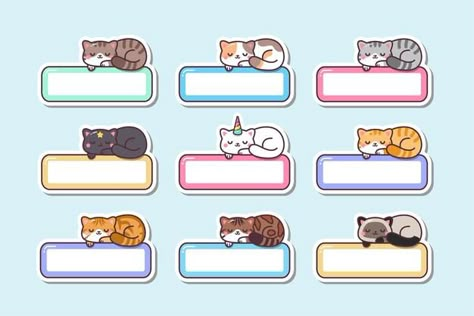 Name Tag Design For Kids, Cute Cat Stickers Printable, Kawaii Names, Kawaii Sleeping, Cat Sticker Set, School Name Labels, Name Tag For School, Cute Cat Names, Label Name