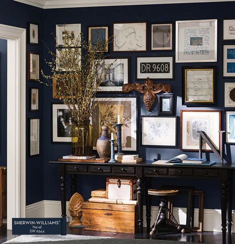 Sherwin-Williams and Pottery Barn Will Help You Find the Perfect Paint Color Office Blue Walls, Home Office Blue Walls, Gallery Entryway, Pottery Barn Paint Colors, Home Office Blue, Pottery Barn Paint, Navy Blue Paint Colors, Pottery Barn Kitchen, Pottery Barn Bedrooms