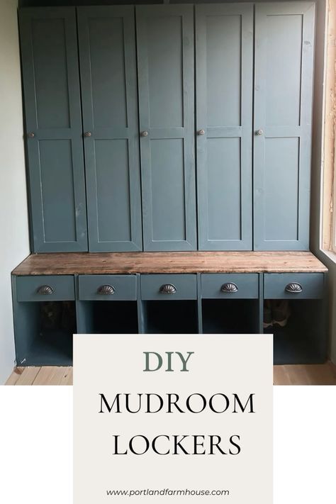 Check out this DIY guide on how to make mudroom storage lockers on a budget! Blue Grey Mudroom Cabinets, Built In Lockers Mud Rooms Diy, Entryway Lockers With Bench Diy, Mudroom Storage Ideas Diy, Sports Mudroom Ideas, Locker Storage Ideas Entryway, Diy Entryway Lockers, Locker Room Mudroom, Mudroom Ideas Entryway Cabinets