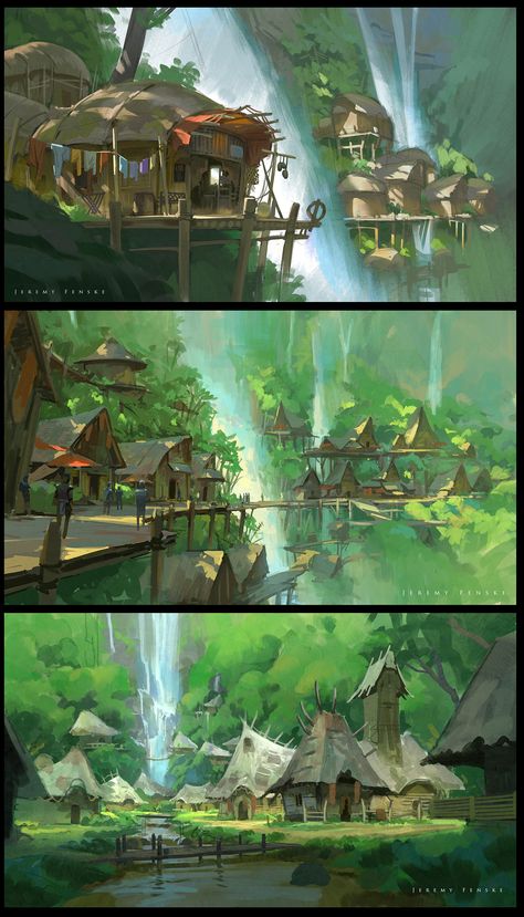 Falls Village by Jeremy Fenske Jungle Village Art, Tropical Village Concept Art, Fantasy Village Layout, Hateno Village Aesthetic, Swamp Village Concept Art, Pirate Village Concept Art, Jungle Village Concept Art, Rainforest Village Concept Art, Swamp Village Fantasy Art