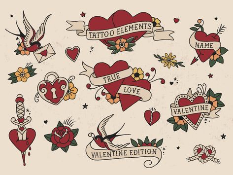 Traditional Tattoo Elements, Traditional Tattoo Love, Sailor Font, Tattoo Elements, Traditional Heart Tattoos, Tattoo Vector, Outline Tattoo, Tattoo Old School, Elements Tattoo