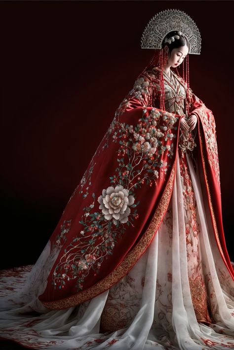 China's stunning red and white Hanfu wedding dress. The cloak is embroidered with translucent crystal, the sparkling pearl crystal shines like a diamond, the phoenix on the skirt is lifelike, there are sparkling pendants on the skirt, and the hem is 2m long. Foreground shot, this is a beautiful, noble, magical, octane rendering 16k with surreal starlight petal background. HD,ureal Hanfu Dress Wedding, Royal Chinese Traditional Dress Hanfu, China Wedding Dress Traditional, Ancient Chinese Wedding Dress, Japanese Wedding Dress Traditional, Korean Wedding Dress Traditional, Hanfu Wedding Dress, Wedding Hanfu, Hanfu Red