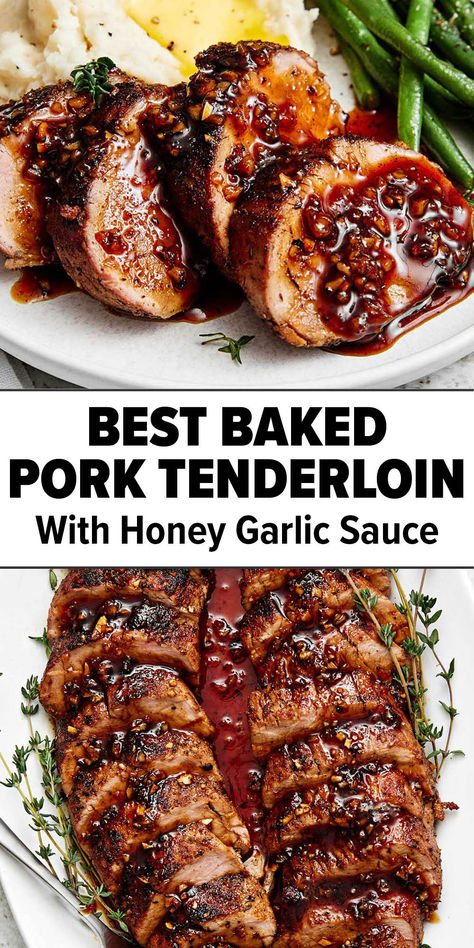 Honey garlic baked pork tenderloin Pork Tenderloin Loin Recipes Oven, Quick Pork Tenderloin Recipes, Chinese Pork Tenderloin Recipes, Marinated Pork Tenderloin Recipes, Pork Tenderloin Sauce, Pork Tenderloin Bbq, Pork Tenderloin Recipes In Oven, Sauce For Pork Tenderloin, Oven Baked Pork Tenderloin