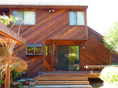 Redwood walls after cleaning and treating Diagonal Siding Exterior, Diagonal Wood Siding Exterior, Redwood Siding Exterior, Redwood Siding, Wood Siding Exterior, Red House, Wood Siding, House Roof, Exterior Siding