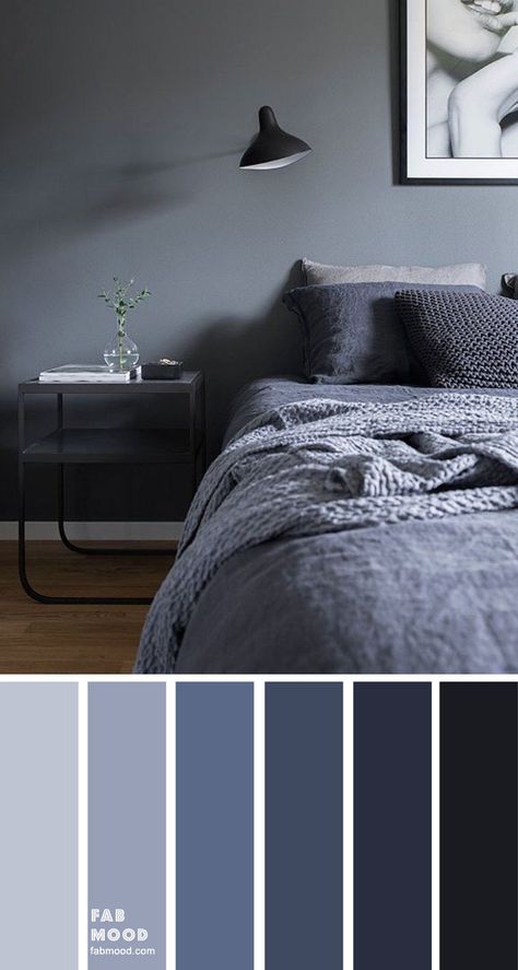 Bedroom color scheme ideas will help you to add harmonious shades to your home which give variety and feelings of calm. From beautiful wall colors... Blue Gray Bedroom Colors, Grey Colour Scheme Bedroom, Grey Bedroom Colors, Blue Gray Bedroom, Dark Blue Bedrooms, Blue Bedroom Walls, Bedroom Wall Designs, Bedroom Wall Colors, Grey Home Decor