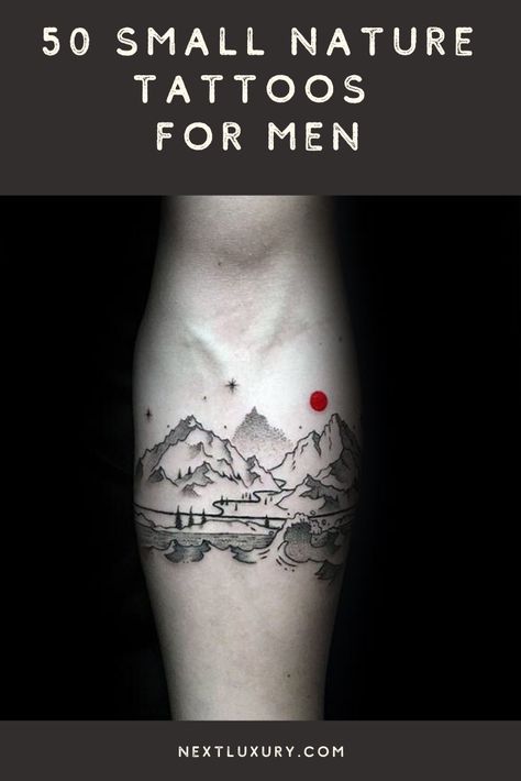 Hiking Tattoos Men, Small Outdoor Tattoos For Men, Nature Men Tattoos, Simple Nature Tattoos Men, Small Nature Tattoos Men, Men Nature Tattoo, Bushcraft Tattoo, Hiking Tattoo For Men, Outdoors Tattoo Ideas