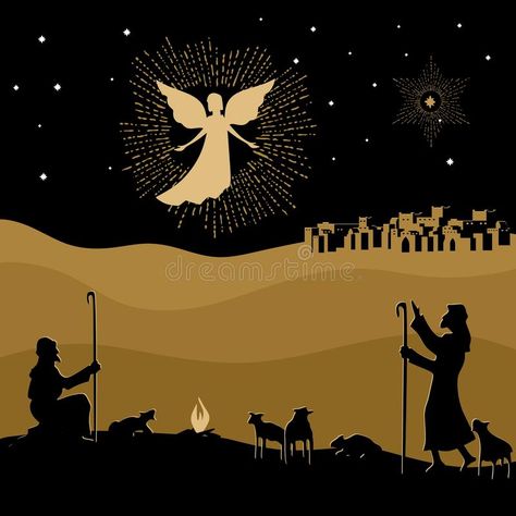 Christmas story. Night Bethlehem. An angel appeared to the shepherds to tell about the birth of the Savior Jesus into the world royalty free illustration Shepherds Christmas, Christmas Stage Decorations, Baby Remembrance, Christmas Diy Wood, Christmas Stage, Murals For Kids, The Savior, Sweet Christmas, Free Illustration