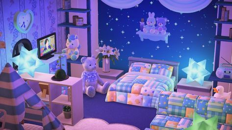 Acnh Blue Bedroom, Animal Crossing Nursery, Room Ideas Animal Crossing, Animal Crossing Bedroom Ideas Aesthetic, Animal Crossing Gaming Room, Acnh Blue Island, Blue And Yellow Room, Acnh Yellow Island, Animal Crossing Blue Aesthetic