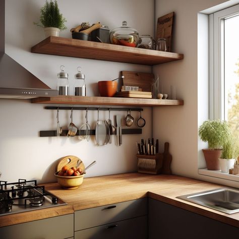 20 Good Looking Floating Shelf Ideas – Rhythm of the Home Floating Shelves Kitchen Walnut, Floating Shelves Small Kitchen, Floating Wall Shelves Kitchen, Installing Shelves On Wall, Wooden Kitchen Shelf Ideas, Shelving Above Stove, Kitchen Ideas Floating Shelves, Exposed Shelves Kitchen, Kitchens With Floating Shelves