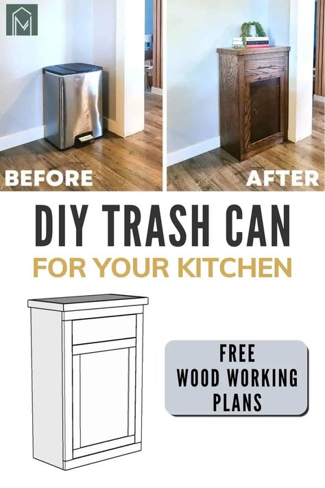 Looking for DIY tilt out trash bin plans? Follow along with our step-by-step tutorial and download the free woodworking plans to build your own wooden trash can cabinet with a drawer for your kitchen. Wooden Trash Bins Kitchen, Diy Garbage Can Cabinet, Diy Trash Can Cabinet How To Build, Diy Tilt Out Trash Cabinet, Trash Can Storage Kitchen Diy, Diy Hidden Trash Can Kitchen, Diy Kitchen Trash Can Cabinet, Kitchen Trash Ideas, Diy Garbage Can Storage Kitchen