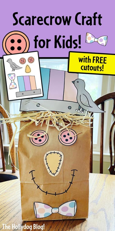 Paper Bag Scarecrow Craft for Kids (with free cutouts!) ⋆ The Hollydog Blog Paper Bag Scarecrow Craft Preschool, Scarecrow Preschool Activities Free, Paper Bag Scarecrow Craft For Kids, Build A Scarecrow Craft, Simple Scarecrow Craft, Scarecrow Paper Bag Craft, Preschool Scarecrow Activities, Scarecrow Preschool Crafts, Scarecrow Preschool Activities