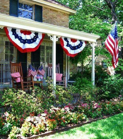 July 4th Porch Decor, Americana Porch, Patriotic Porch, Country Porch, Summer Porch, Fourth Of July Decor, Decor Themes, Front Porch Decorating, 4th Of July Decorations