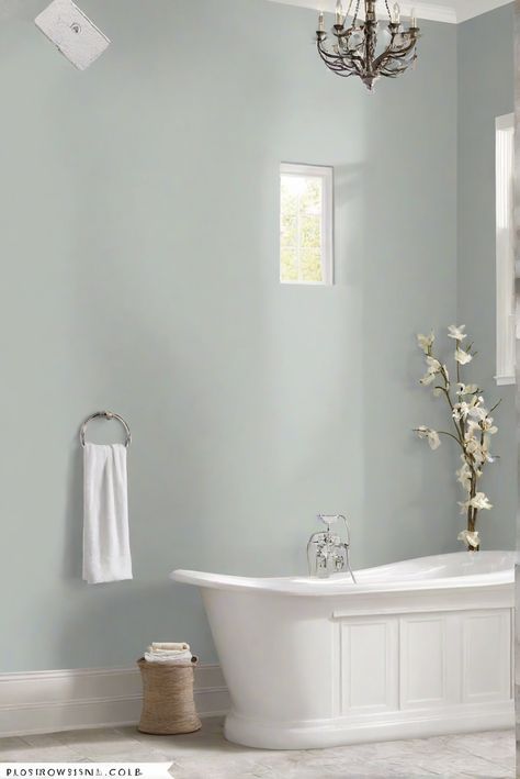 bathroom paint ideas, bathroom wall decor, bathroom renovation ideas, bathroom interior design Icicle Paint Sherwin Williams, Silver Strand Bathroom, Silver Strand Sherwin Williams, Sw Watery, Silver Strand Paint, Watery Sherwin Williams, Sherwin Williams Silver, Spa Bathroom Colors, Sherwin Williams Silver Strand